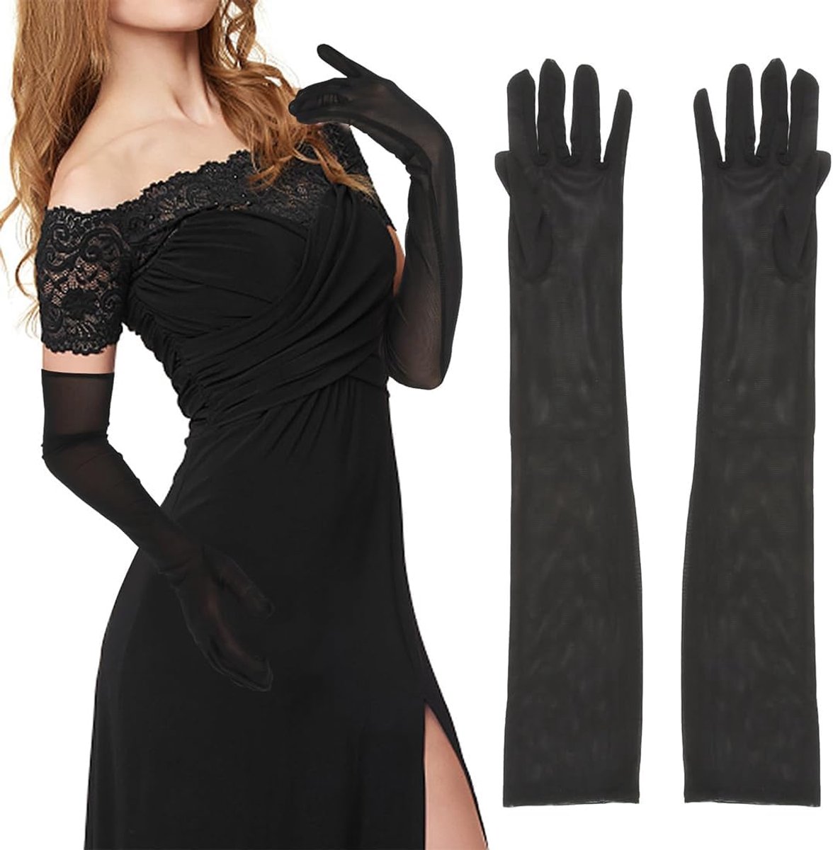 Dames lange handschoenen 55 cm - zwarte tule - vintage elegantie - perfect voor feesten - ShopVlot