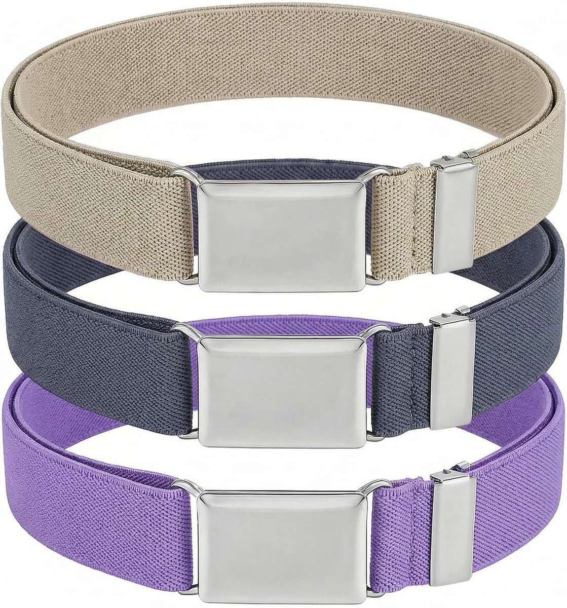Kinderelastische Riemen Set van 3 - 2,5 x 74 cm - Verstelbare Riem met Zilveren Vierkante Gesp - ShopVlot