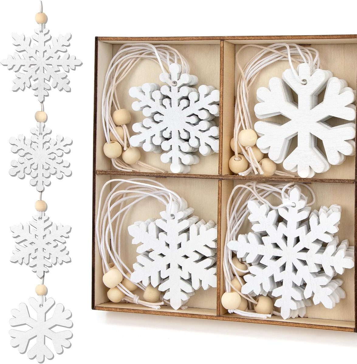 Houten kerstversieringen sneeuwvlokken - 24 stuks - retro decoratie - unieke DIY ornamenten - ShopVlot