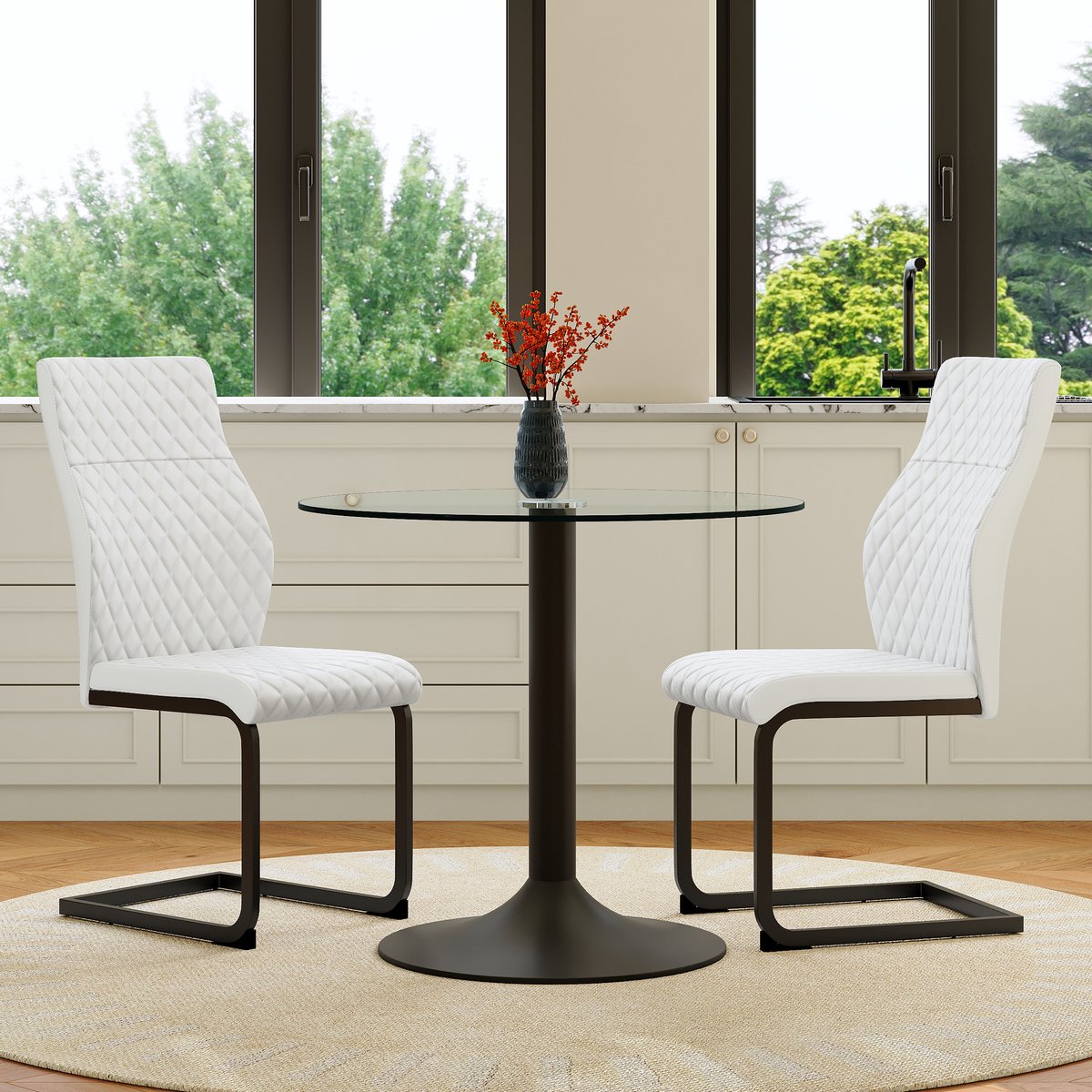 COVREO Set tafel en stoelen 85 cm, transparant zwart, metaal, 2 stoelen