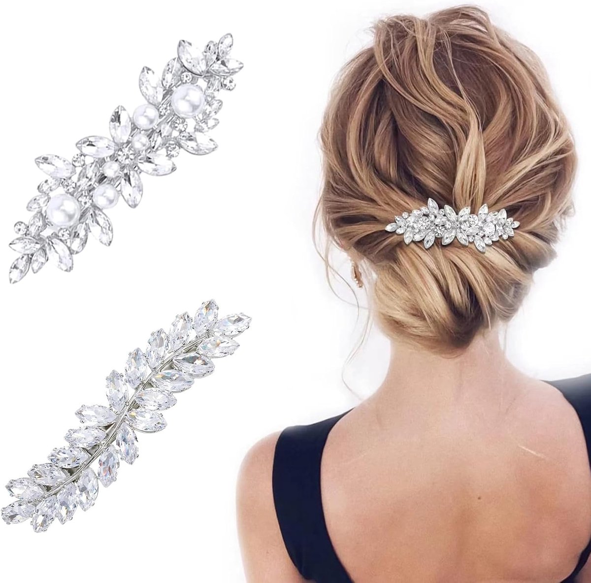 Haarspelden voor dames - Bloem met parels en kristallen - Zilver en wit - Elegant accessoire voor bruiloft - ShopVlot