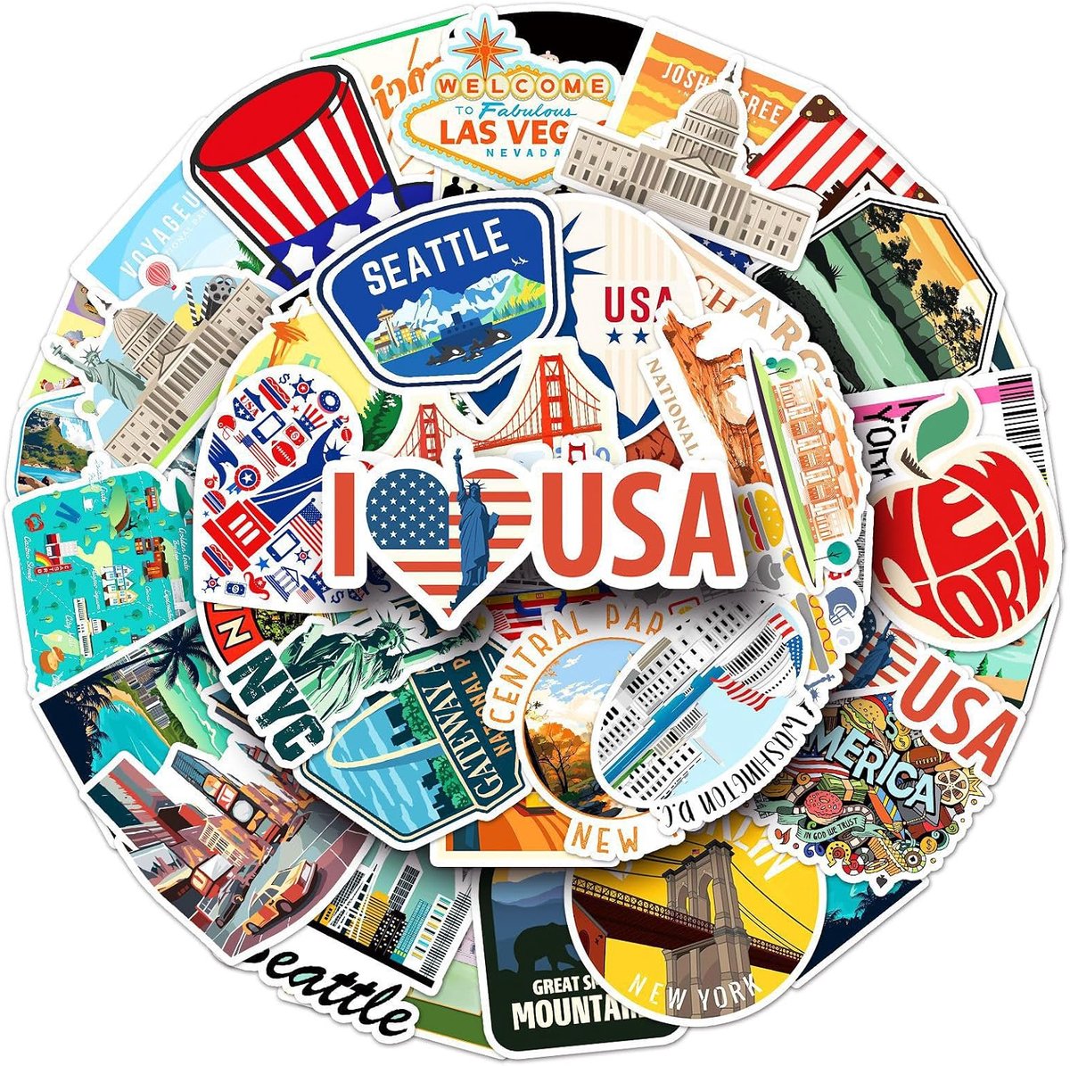 SnelShoppen - 50 Stuks Amerikaanse Stickers Set, Waterdichte Vinyl Stickers voor Scrapbooks, Dagboeken, Fotoalbums, Laptop - Reis Stickers van Beziens