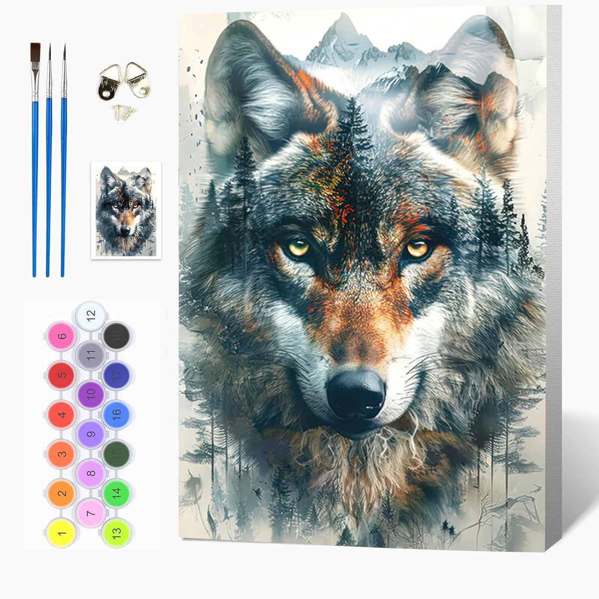Auremi Wolf schilderen op nummer 20 x 30 cm met lijst - dieren schilderen op nummer voor volwassenen eenvoudig - ShopVlot