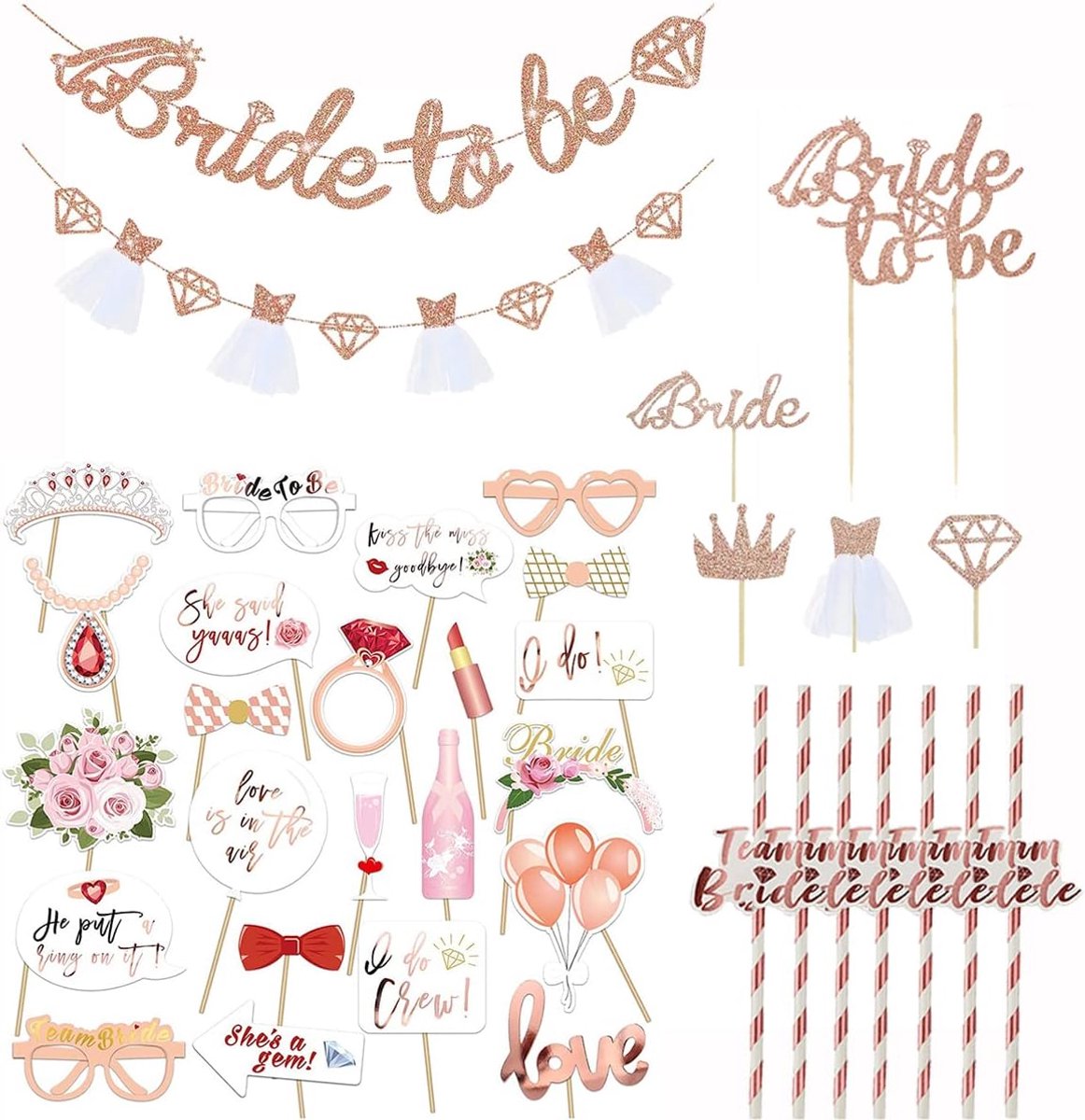 Wedding Photo Props, Rosegold Photo Quiisite Wedding Celebration, Garland with Glitter Particles, Bride, 3D Pennant - ShopVlot