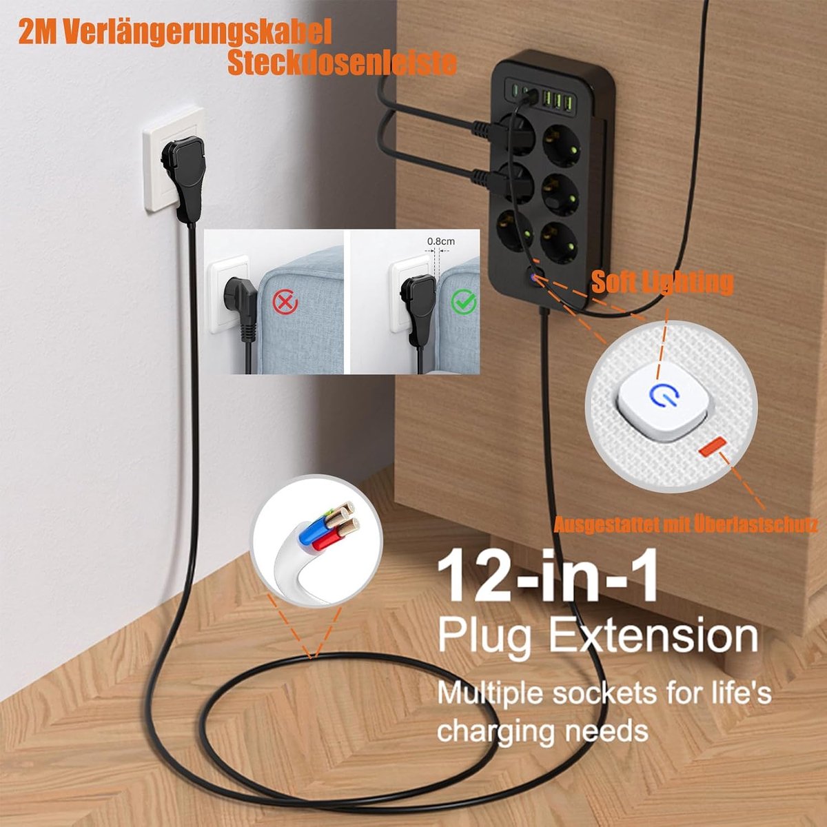 Stekkerdoos met schakelaar, 6-voudige meervoudige stekker met aansluitkabel, 2 m, 3 USB/3 Type-C (5 V/3,1 A) max. - ShopVlot