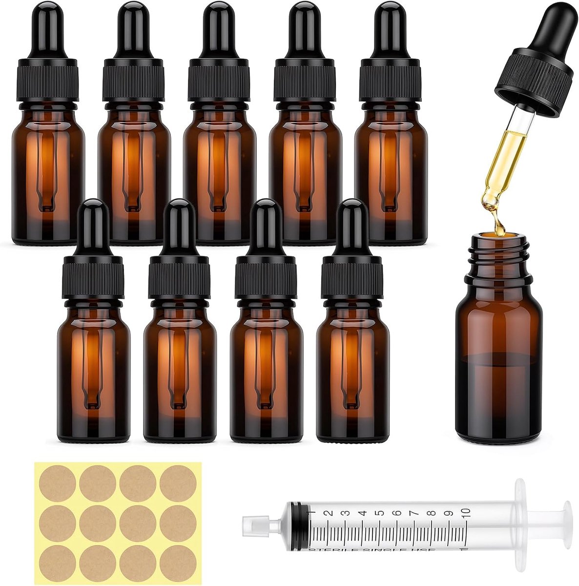 Amber Glazen Druppelfles, 10 Stuks 10 ml UV-bestendige - Druppelpipetfles met spuit en stickers, herbruikbaar voor - ShopVlot