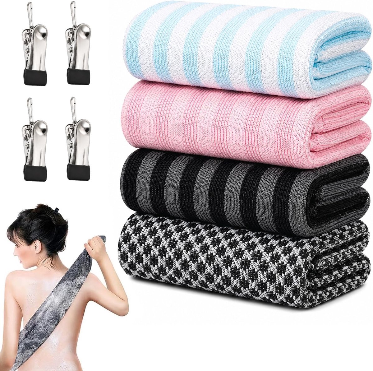 Peeling-badhanddoek, 4 stuks, peeling-handdoek met haak, extra lange rugschrobber, peeling-douchehanddoek voor mannen - ShopVlot