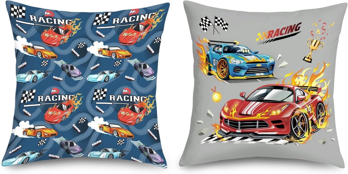 45 x 45 Pieces Racing Car Cushion Covers Sports Vehicle Theme Plaid Flag Square Throw Pillow Cover Decorative for Boys - ShopVlot