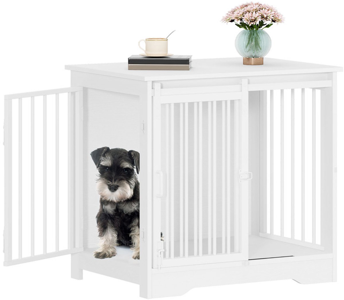 Hzuaneri 69 cm Hondenbench, meubel, hondenbox, 2 deuren, modern hondenhok voor kleine, middelgrote honden, bijzettafel, hondenhuis voor thuis, 49 × 69 × 64.5 cm, Wit en Bruin