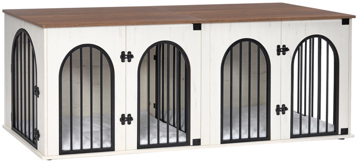 Hzuaneri 180 cm Hondenkooi, Meubels Voor 2 Honden, Dubbele Hondenbox Met Kussen, Hondenbox Van Hout Met Scheidingswand, Bijzettafel, Tv-Standaard Design Voor Middelgrote Of Grote Honden, Wit En Bruin