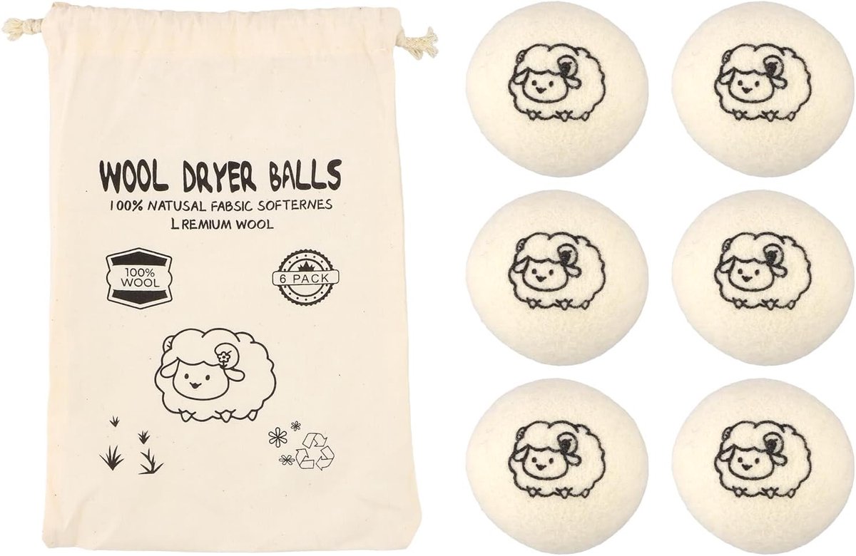 Set van 6 droogballen van zuivere natuurlijke wol met katoenen zak, herbruikbaar, antistatisch en energiebesparend - ShopVlot