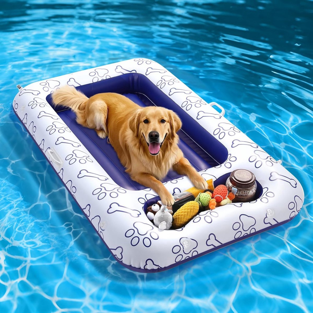 Solvix hondenzwembad - Opblaasbare Hondenfloat - Blauw PVC - Inclusief Opbergruimte voor Speeltjes en Snacks - Geschikt voor Alle Honden - Perfect voor Zomerplezier