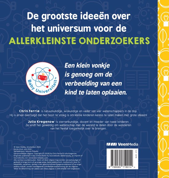 Achterkant van een boek met tekst, een "Baby Universiteit" logo, een afbeelding van een gloeiende lamp en informatie over de auteurs.