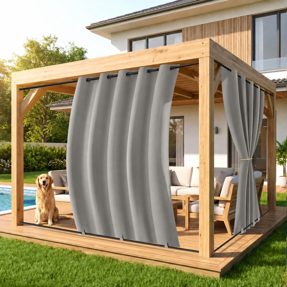 MUPOO Extra Brede Buitengordijn Waterdicht & Windbestendig met Ringen - Met Onder Bevestiging tegen Wind - Verduisterend & UV Werend - Outdo