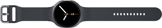 Donkergrijze smartwatch met zwart wijzerplaat. Toont 'SAT 28'.