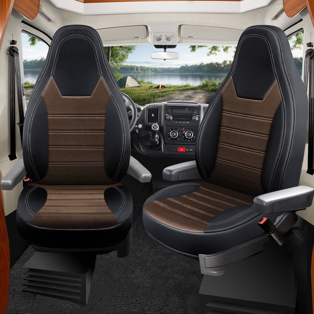 Premium Camper stoelhoezen voor Roller Team Livingstone HW12 in Zwart/Bruin (2 losse stoelen)
