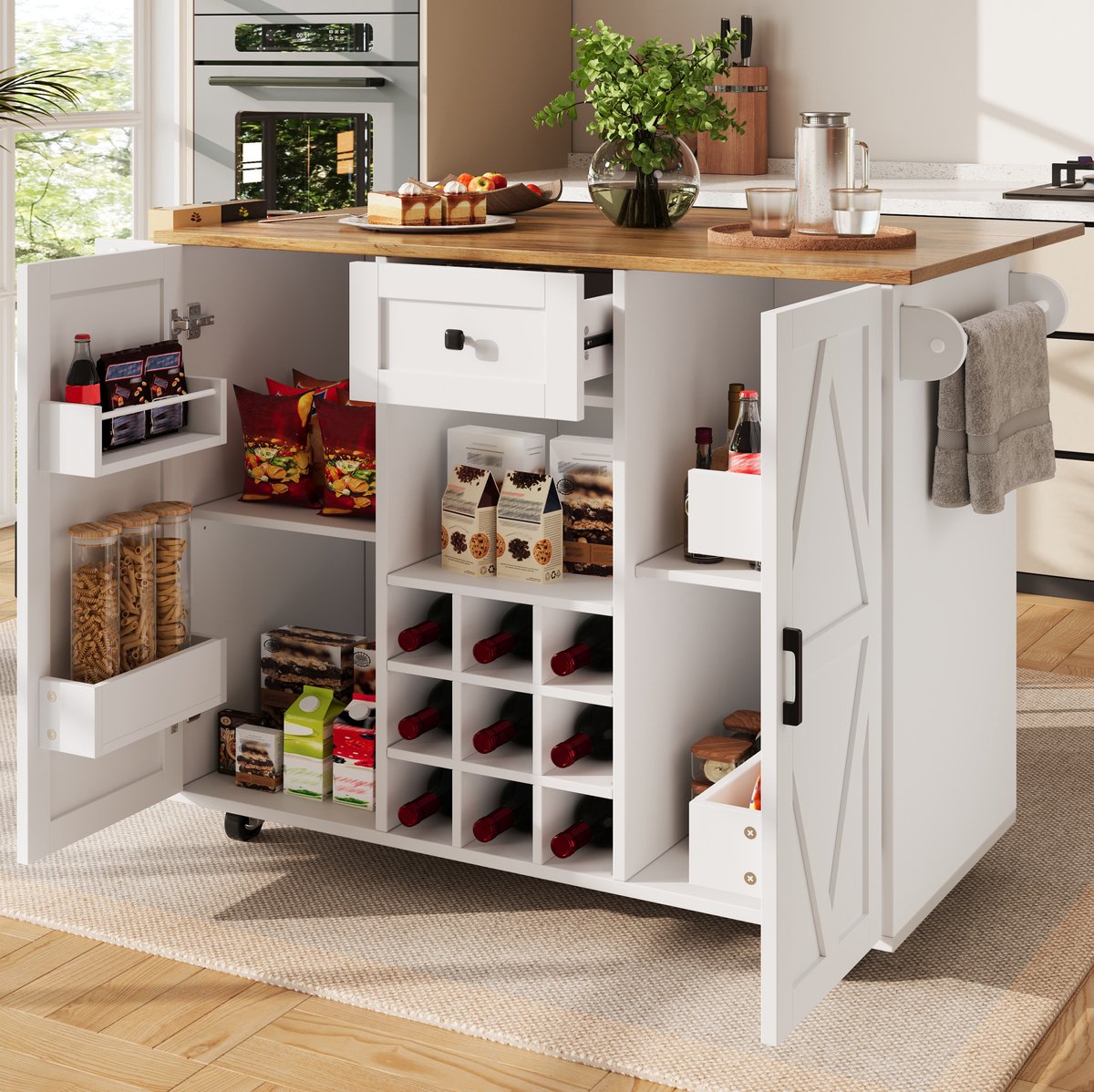MEUNIQ Keukeneiland met opbergruimte 137,5 x 65 x 95,6 cm, keukenkast met uitklapbaar tafelblad, lade, 2 deuren, wijnrek en wieltjes voor keuken en eetkamer, wit