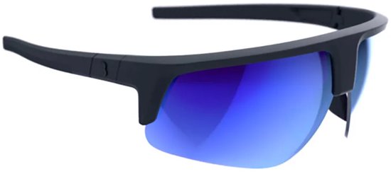 Sportbril met mat zwart frame en een gebogen blauw spiegelend vizier.