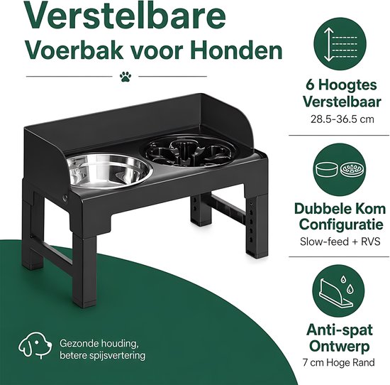 Verstelbare hondenvoerbak met slowfeeder en anti-spatrand van 7 cm. Gezonde houding en betere spijsvertering.