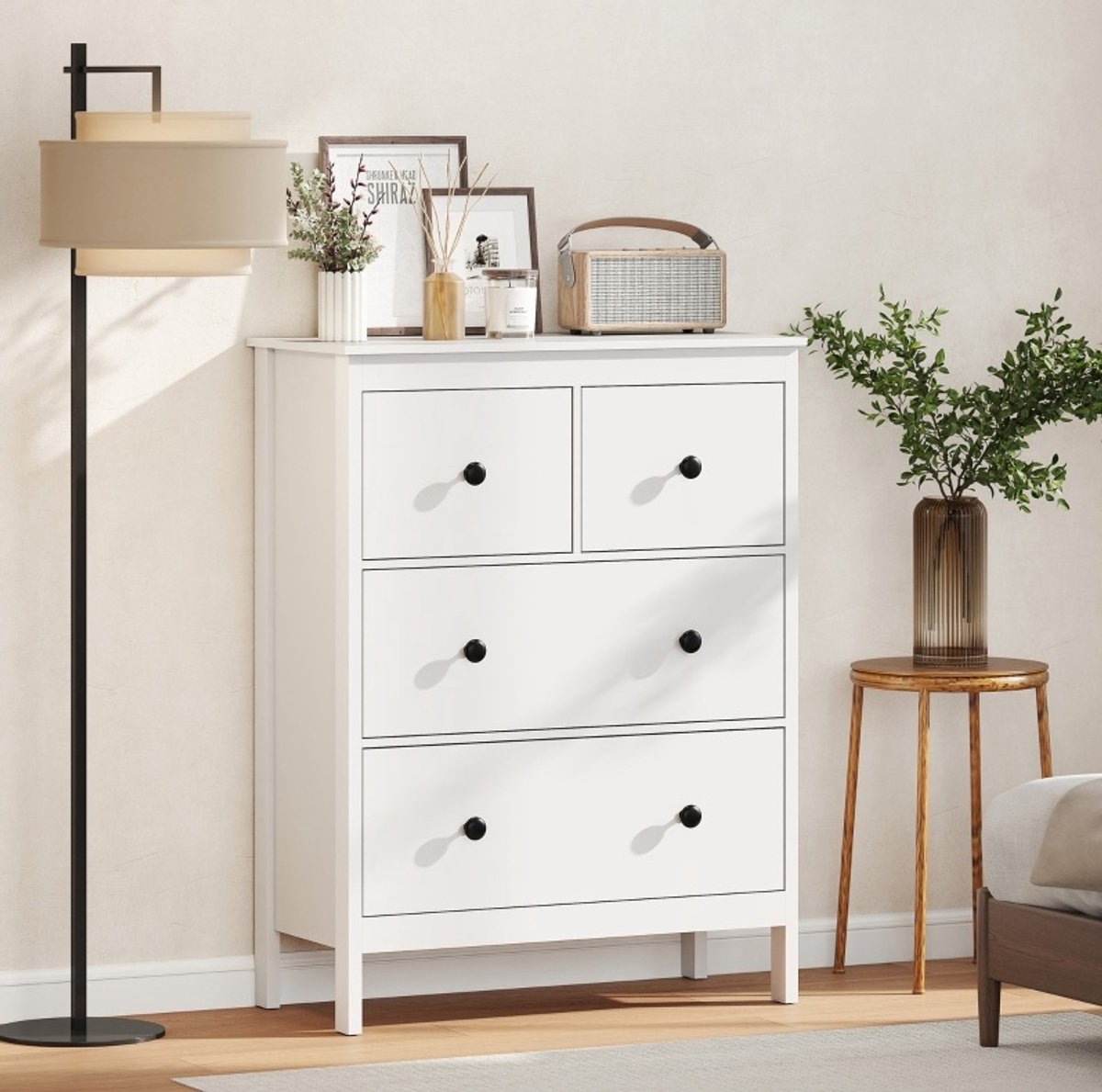 MEUNIQ kommode met 4 lades 74 x 35 x 97 cm dressoir voor slaapkamer, hal of woonkamer, wit, spaanplaat, opbergkast voor kleding en beddengoed