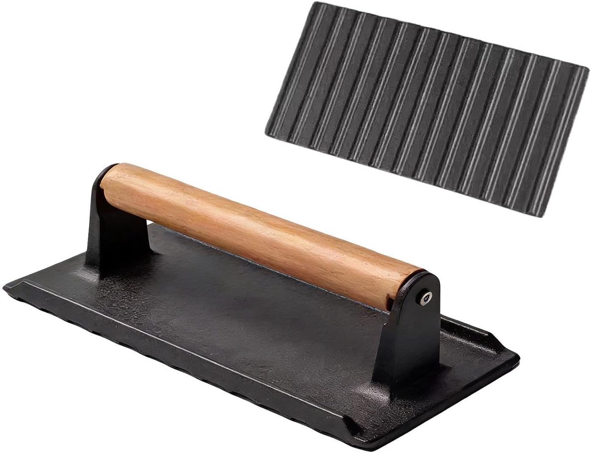 Vleespers Gietijzer Burgerpers Grill Gelijkmatig Grillen Houten Handvat 16 cm Zwart