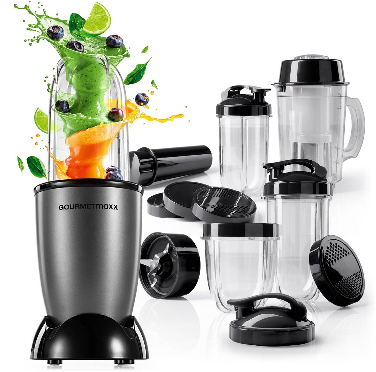 GOURMETmaxx Mr. Magic Power Pro Mixer 400 watt | Smoothiemaker met meeneemdeksel | Staande mixer met mengbeker en vershouddeksel voor bewaren | Blender met XL-accessoireset voor shakes, smoothies enz.