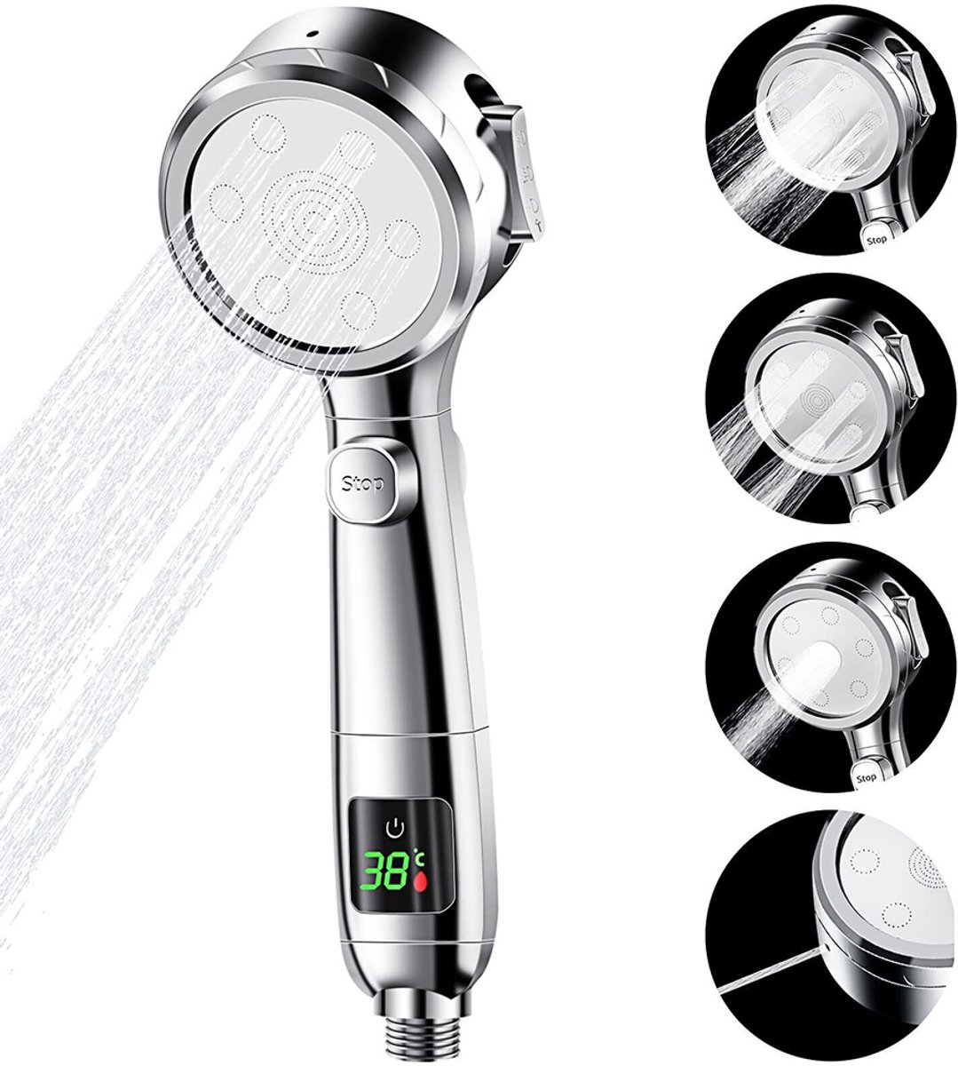 Handdouchekop met LED-temperatuurweergave - Douche met drukverhoging voor thuis - Met digitale temperatuurweergave - Filterfunctie - Stil digitaal display, vier standen, zilverkleurig - Waterbesparend - Ingebouwde batterij