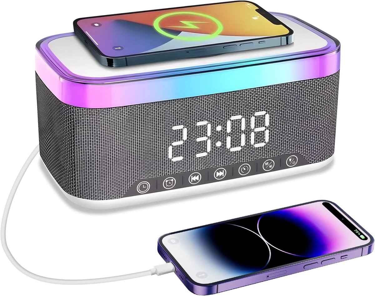 Nachtkastwekker - Zwart - Draadloos opladen - FM-radio - Voor Slaapkamers