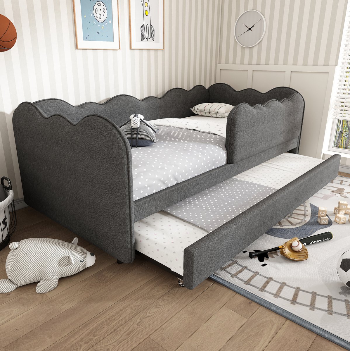 MEUNIQ Bedbank 90 x 190 cm met uitschuifbed, lattenbodem en afneembare voorrail, kinderbed voor slaapkamer of logeerkamer, grijs