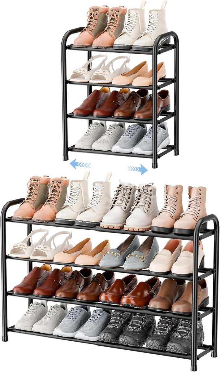 Schoenenrek - Zwart Metalen - Verstelbare Lengte 45 tot 83 cm - 4 Niveaus - Voor Hal en Entree