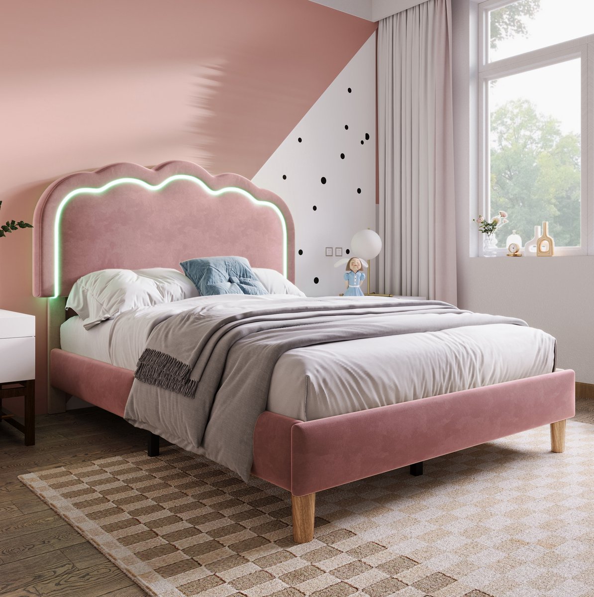 MEUNIQ eenpersoons bedframe 90 x 200 cm met lattenbodem, verstelbaar LED-hoofdbord, roze gestoffeerd bed voor slaapkamer of logeerkamer