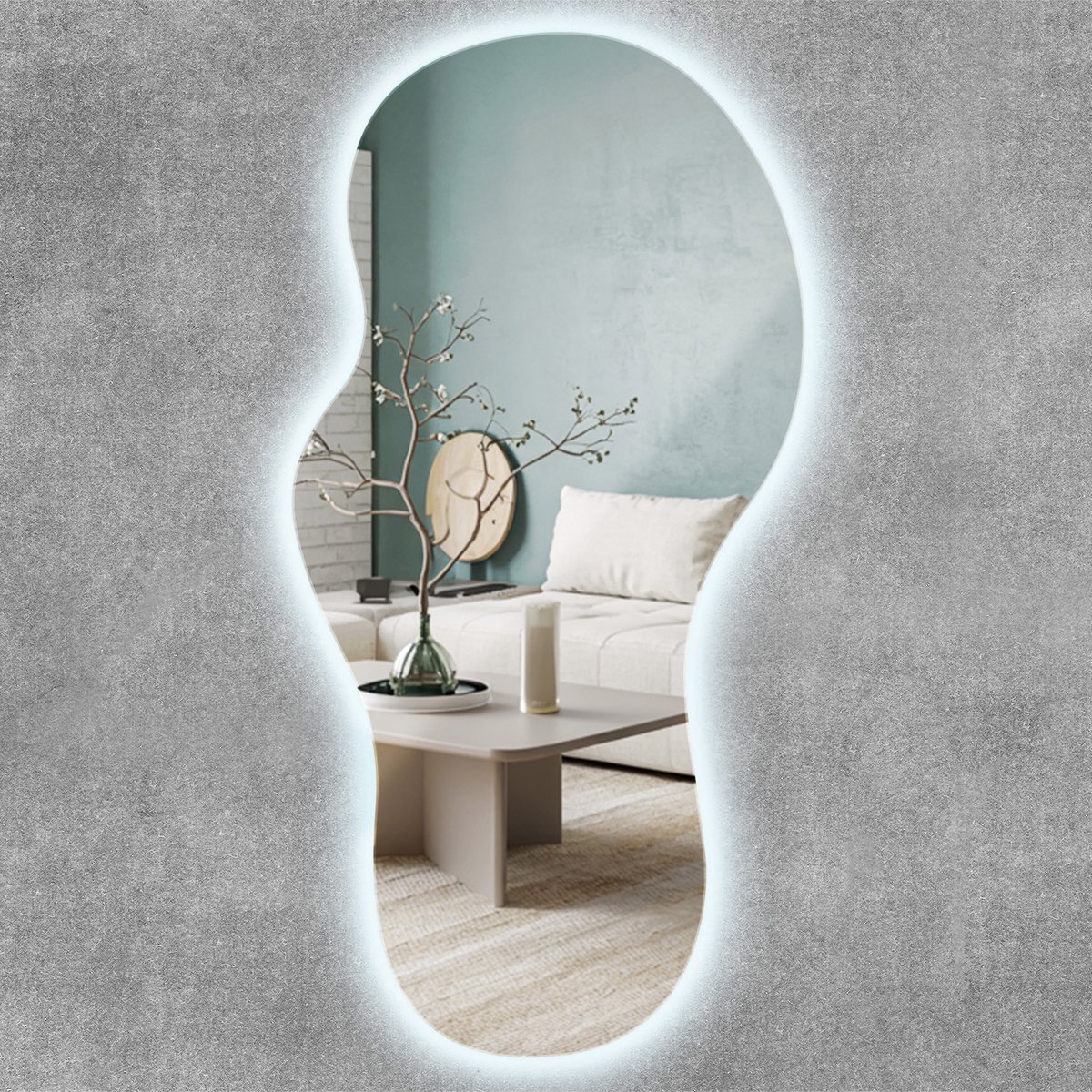 ArtPrintCave Spiegel LED - Grote Organische Spiegel Met Verlichting - 45 cm x 90 cm - Spiegel met Verlichting - Koel Wit 6500K - Hangspiegel met verlichting - Grote Organische Badkamerspiegel LED