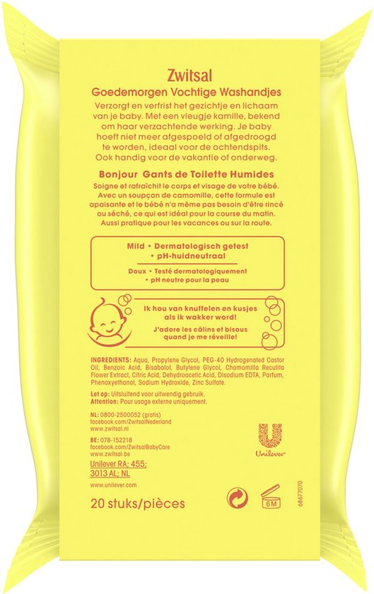 Achterkant van de verpakking Zwitsal vochtige washandjes met ingrediënten en merklogo.