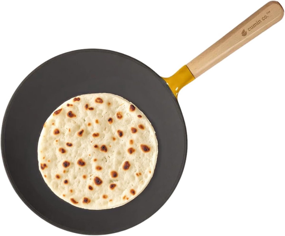 Gietijzeren Pan Koekenpan Tawa Indiase Broodjes Bakken Natuurlijke Antiaanbaklaag 26 cm Mosterdgeel