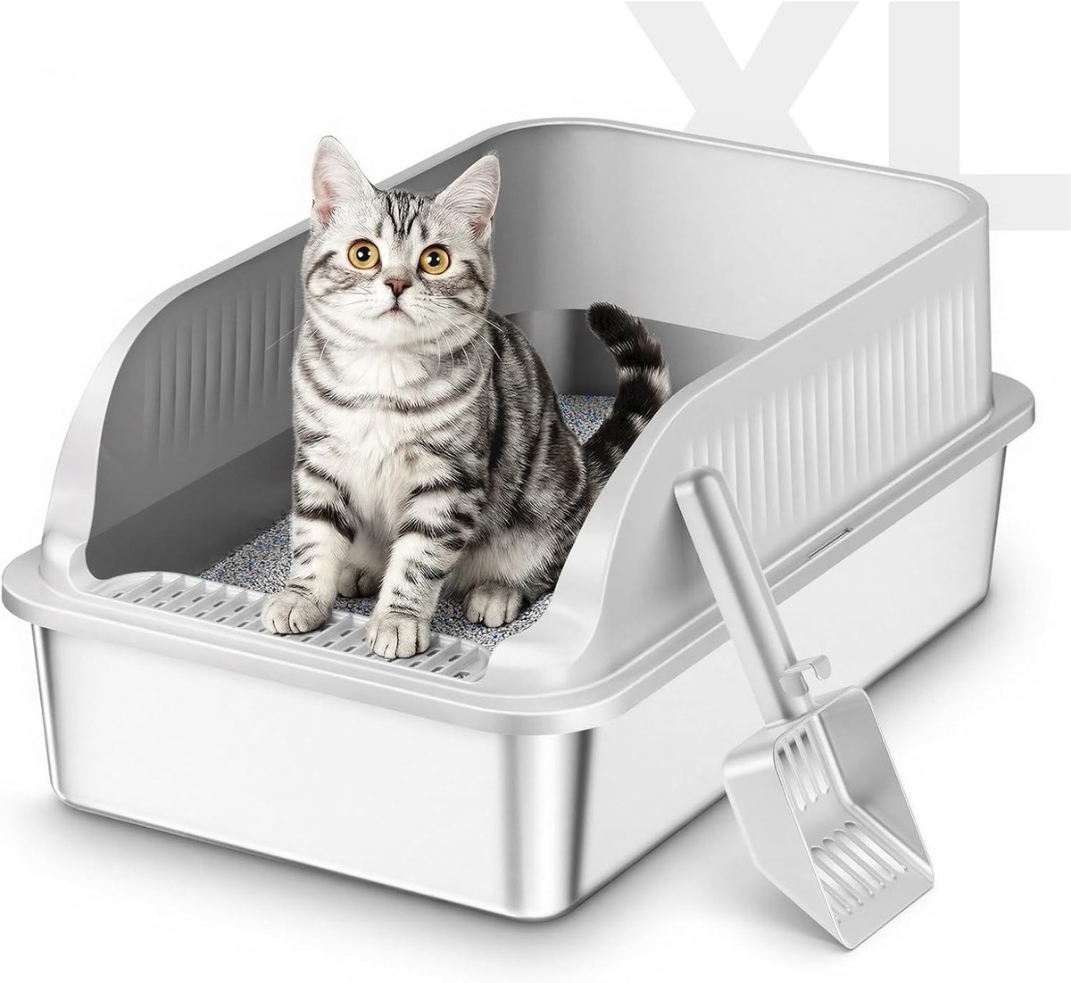 Grote XXL Kattenbak – Roestvrij Staal – Semi-Gesloten Ontwerp – Verwijderbare Hoge Rand – Voor Alle Katten
