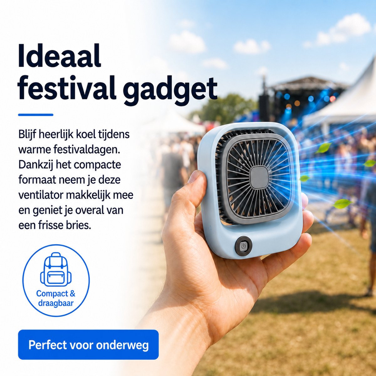 Kleine Draagbare Bureauventilator - Compacte USB-C Ventilator - Mini Tafel Ventilator 3 Standen - voor Auto, Kantoor & Onderweg - Lichtgewicht Mini Desk Fan - Kleine Oplaadbare Ventilator - Handventilator Oplaadbaar - Handwaaier - Blauw - Silvergear — afbeelding 6