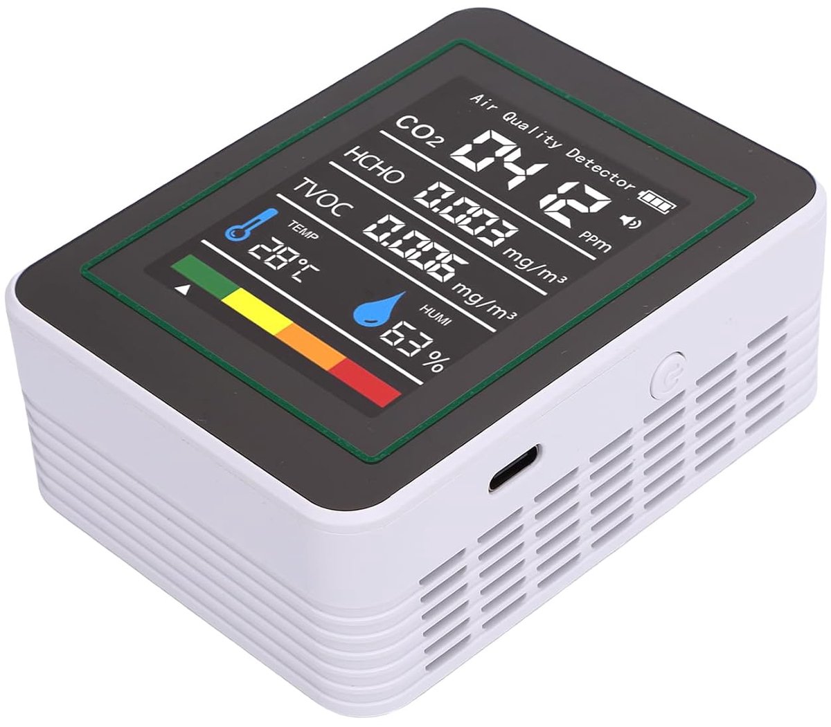 Luchtkwaliteit Monitor - Omgevingsdetector - Binnenmilieu Controleren - 5-in-1 Detectie - 14 x 10 x 5 cm - Wit