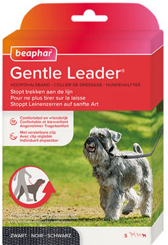 Emballage du Beaphar Gentle Leader avec une image d'un Schnauzer portant une longe de tête noire.