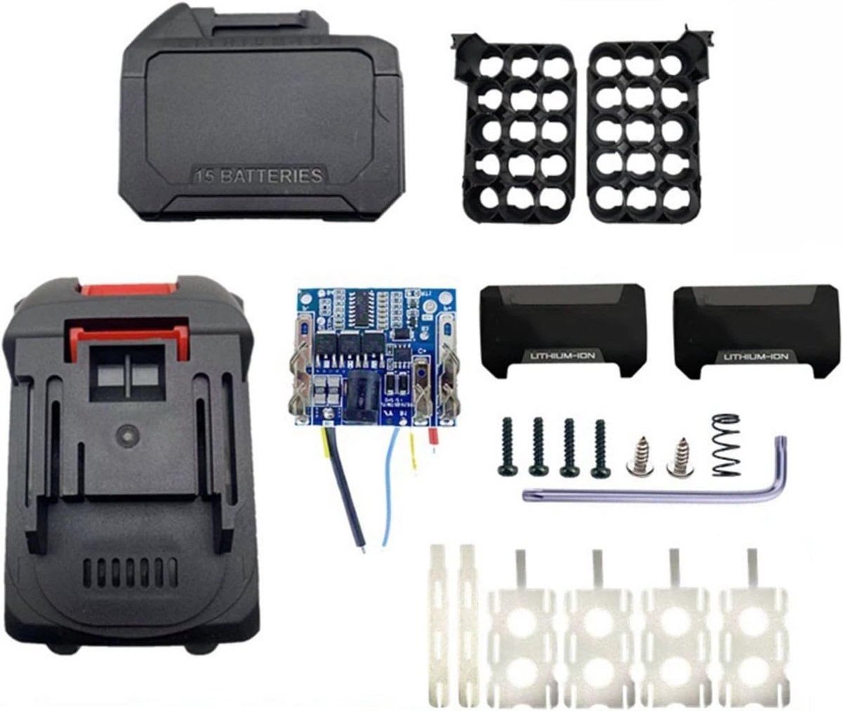 Lithium-ion-accubox voor 18 V/21 V elektrisch gereedschap, robuuste kunststof behuizing met PCBA-houder, veilig opbergsysteem voor 10/15/20 cellen, ideaal voor werkplaats en bouwplaatsen