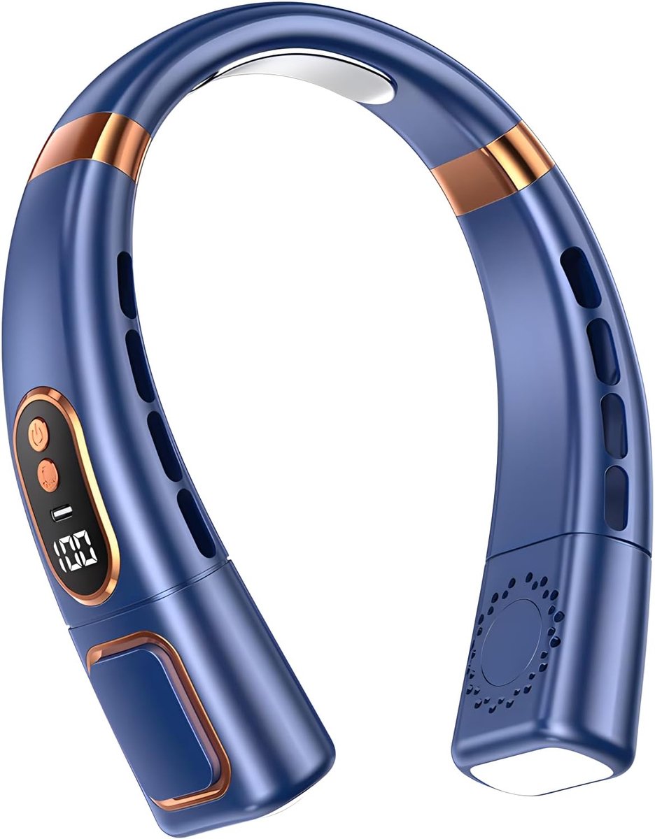 Nekventilator, digitaal display met gekleurde sfeerverlichting, 4000mAh USB-opladen, 5 windstanden, bladloze draagbare nekventilator, luchtkoeler, persoonlijke ventilator (blauw)