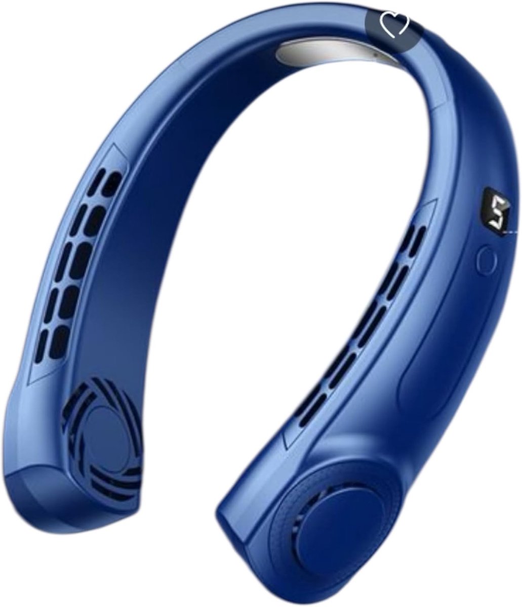 Nekventilator met LED-display, voorzien van ijskeramische technologie, blauwe kleur. 360° luchtstroom rondom | 5 ventilatorsnelheden | 4000mAh oplaadbare USB-batterij | Stil en ergonomisch ontwerp | Geschikt voor gebruik buitenshuis.