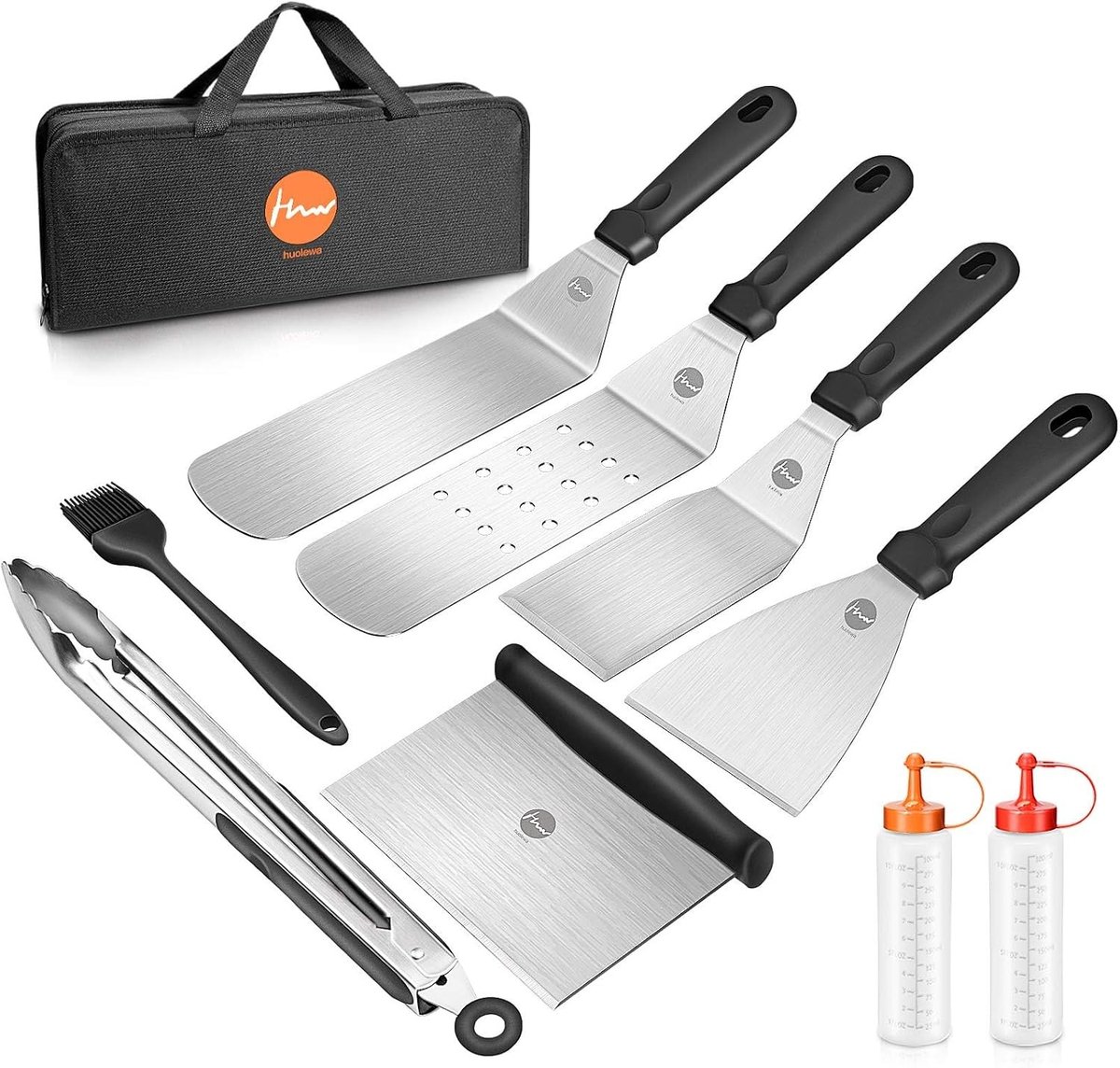 Plancha barbecue - RVS - 9-delige set met spatels, tang, kwast, knijpflessen en draagtas - Barbecuegereedschap voor buitengebruik