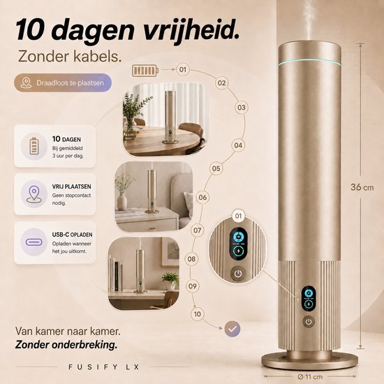 Gouden FUSIFY LX geurverspreider, 36 cm hoog en 11 cm breed. Draadloos te plaatsen, 10 dagen batterijduur, USB-C opladen.