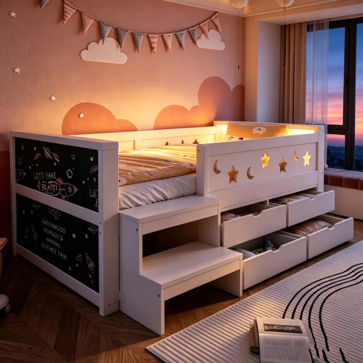 Kinderbed 90x200cm – Met Ledverlichting En Krijtbord – Opberglades En Trap – Veiligheidshek Met Ster En Maan – Hout En Mdf – Wit Zonder Matras