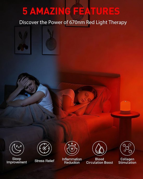 Rood Licht Slaaplamp 670nm, 4 Kleurstanden, Melatonine Ondersteunend, Afstandsbediening, Timer & Dimbaar, voor Slaapkamer, Lezen en Babykamer — afbeelding 5