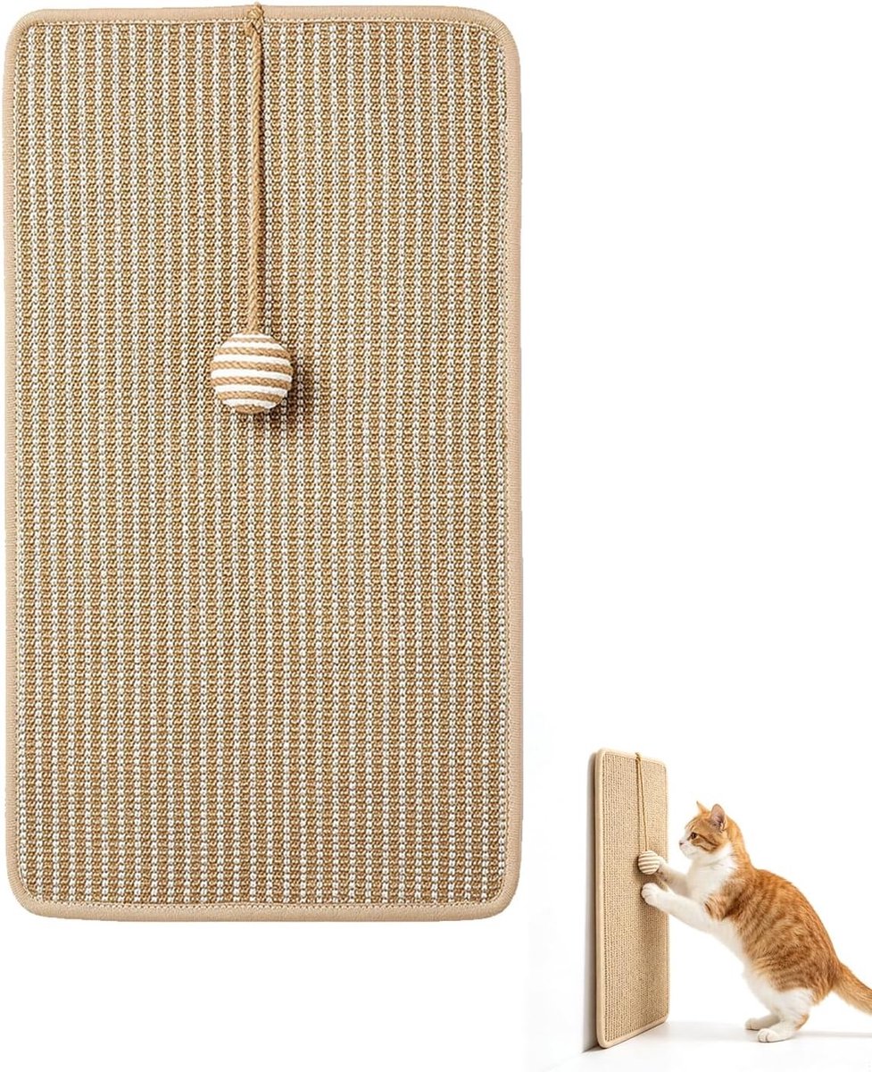 Voerpuzzel voor kat - Bruin - 30 x 60 cm - Zelfklevende Jute Krabplank met Speelbal - Voor Katten