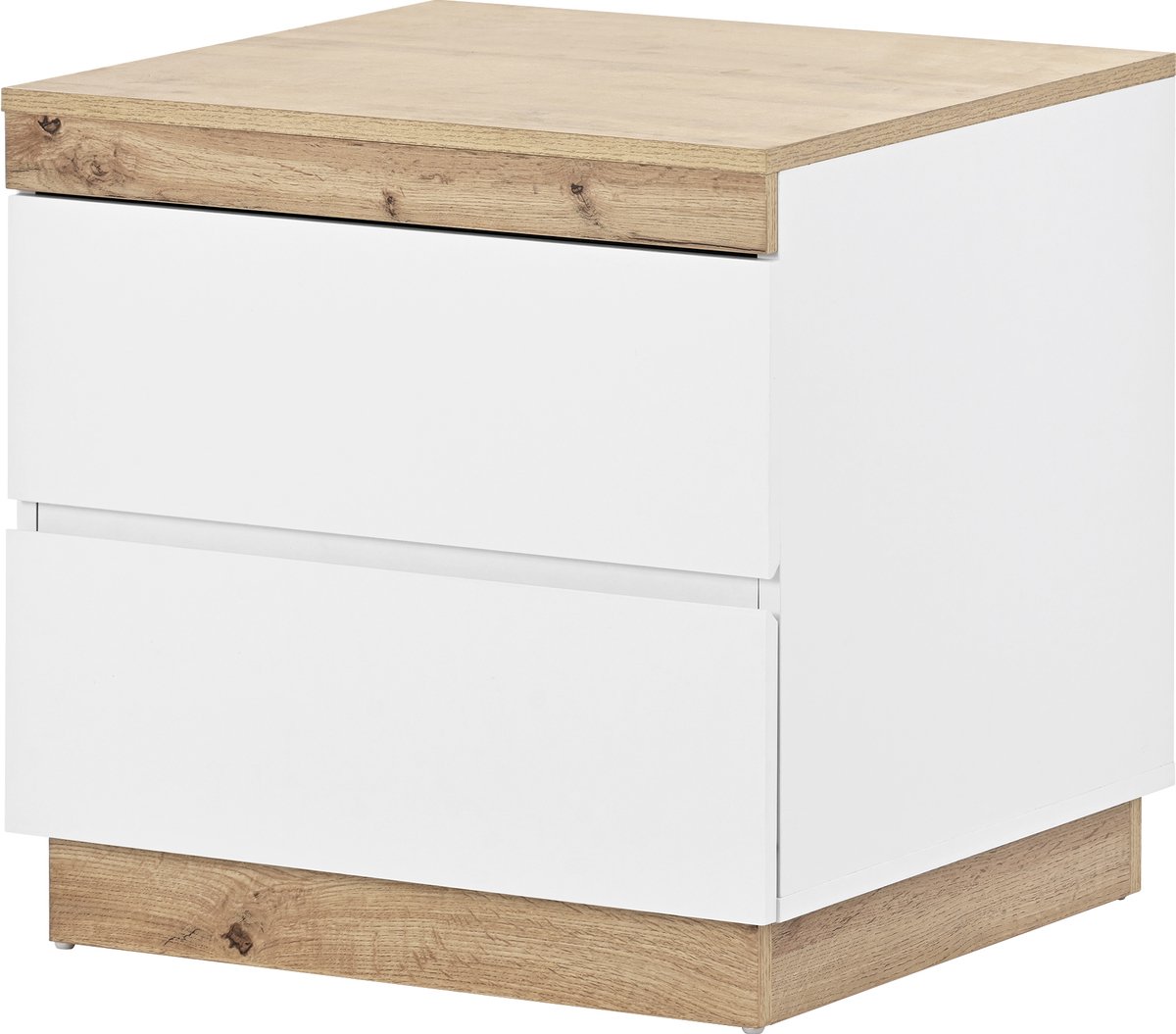 Ropilly Nachtkastje Wit Eiken - Klassiek Bedkastje - Twee Ruime Lades - Extra Opbergruimte - E1 Spaanplaat - Slaapkamer - Compact - Wit en Eikenkleur