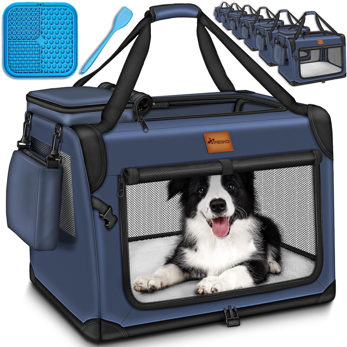 Famanu – Opvouwbare hondenbox met likmat en spatel, S, 50 x 34 x 34 cm, transportbox voor honden en katten, robuuste hondentas, marineblauw