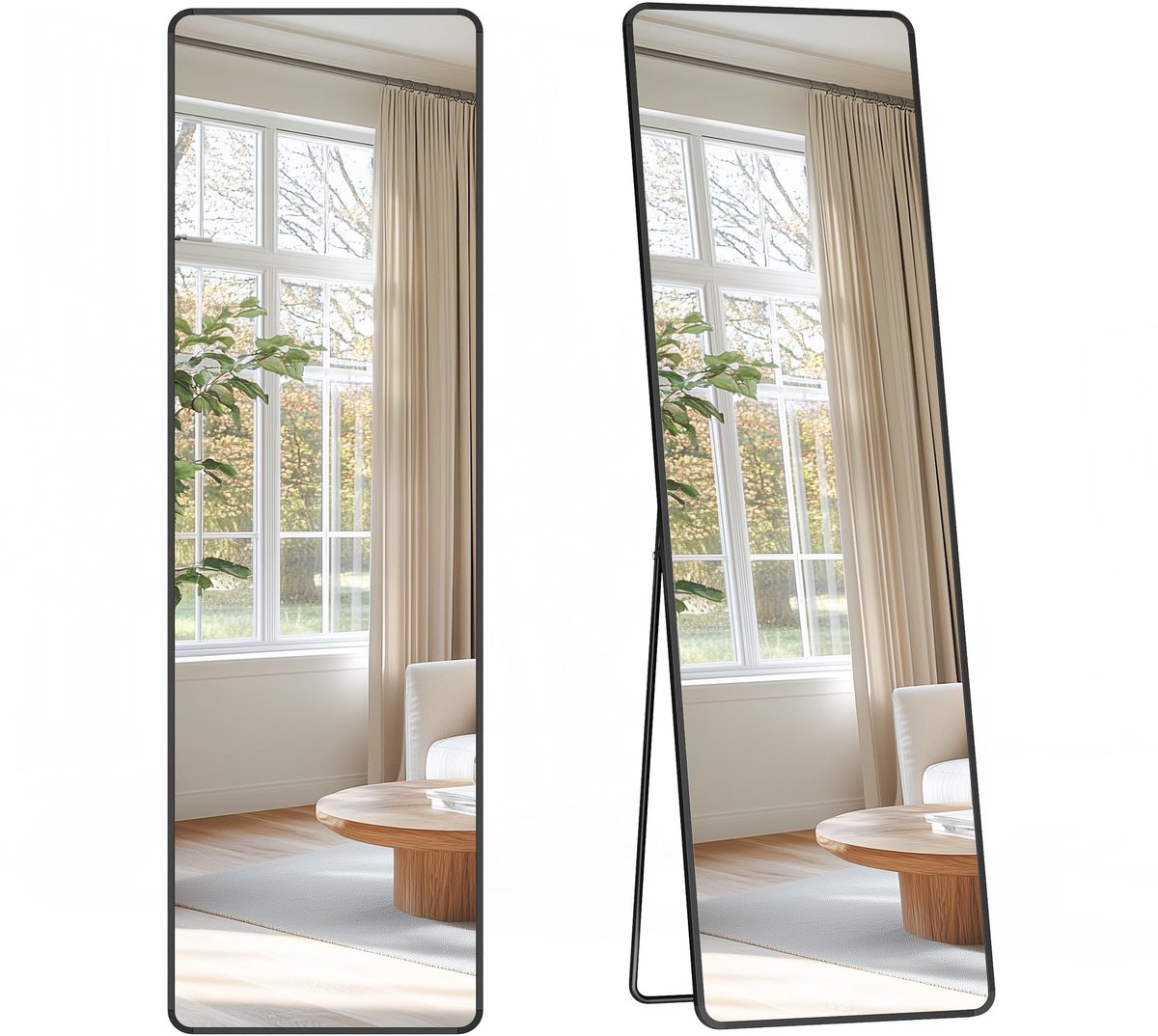 Famanu Rechthoekige staande spiegel, 150 x 40 cm, met aluminium frame, ideaal voor in de slaapkamer of hal Zwart