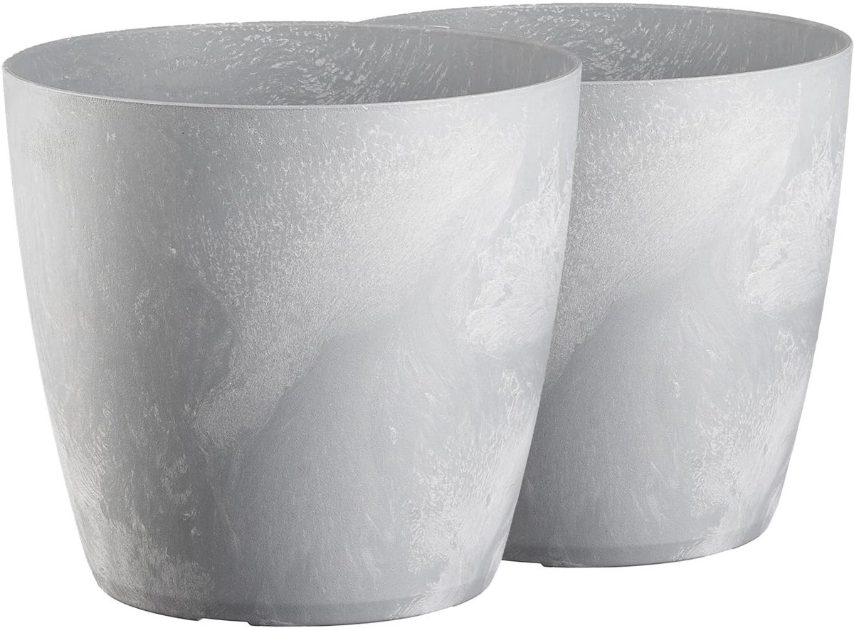 Famanu – Set van 2 moderne kunststof bloempotten, matte afwerking, ronde vorm, betonlook, diameter 12 cm